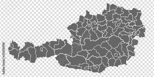Blank map Austria in gray. High detailed vector map of Austria with provinces and on transparent background for your web site design, logo, app, UI. EPS 10. 