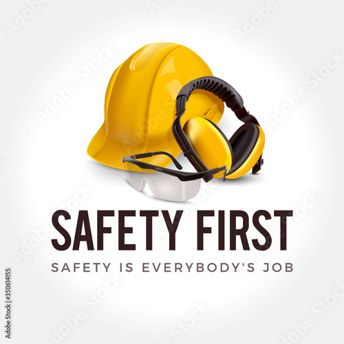 Warning sign - Safety first concept. Yellow helmet, earphones and safety glasses.