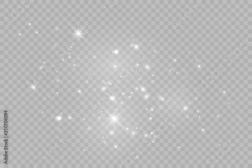 Dust white. White sparks and golden stars shine with special light. Vector sparkles on a transparent background.