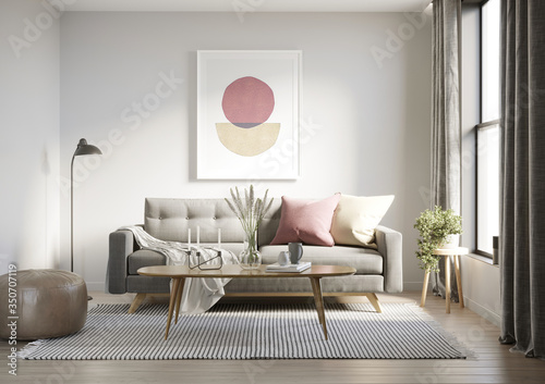 3d render of a grungy concrete room with a grey sofa an art canvas and dusky pink and yellow cushions 