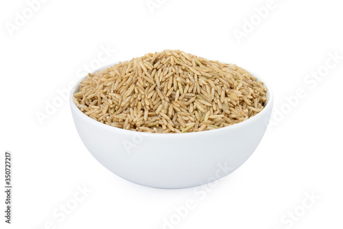 Brown basmati rice, brown basmati rice in white bowl, on white background (Tr- esmer basmati)