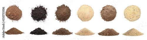 Many different types of soil on white background