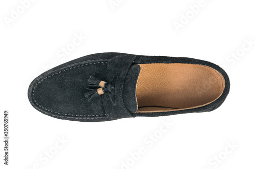 Black suede men's Shoe isolated on a white background. The view from the top.