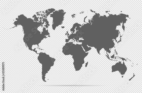 Map world. Worldwide globe. Worldmap global. Grey continents on transparent background. Simple flat gray silhouette map world. Planet earth. Editable continents for travel design. Geography map world