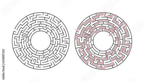 Vector circle maze isolated on white background. Education logic game labyrinth for kids. With the solution.