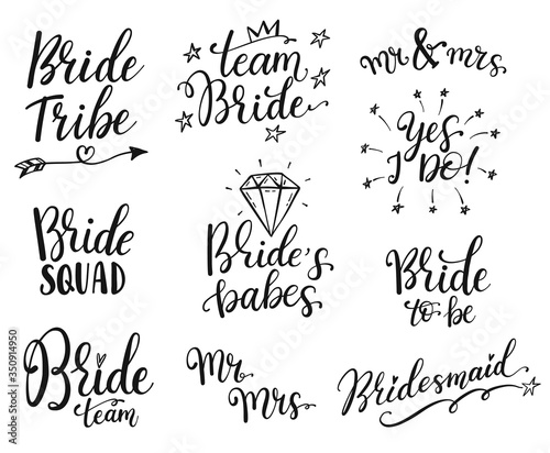 Team bride calligraphy lettering vector hen party, bachelorette wedding design