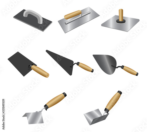 Set putty knife with wood handles. Isometric set of putty knife vector icons for construction and repair isolated
