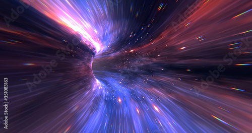 Abstract energy tunnel in space. Wormhole travel through time and space. Wormhole space deformation, science fiction. Black hole, vortex hyperspace tunnel. 3D rendering