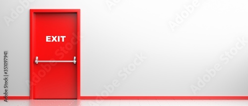 Fire exit sign on a red door in white color building interior background. Fire safety escape route. 3d illustration
