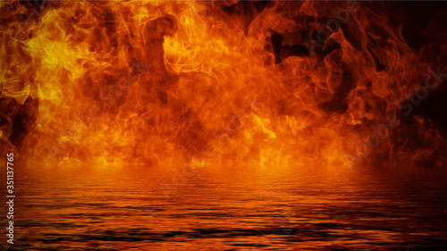 The confrontation of water vs fire. Mystical flame with reflection on the shore. Stock illustration background