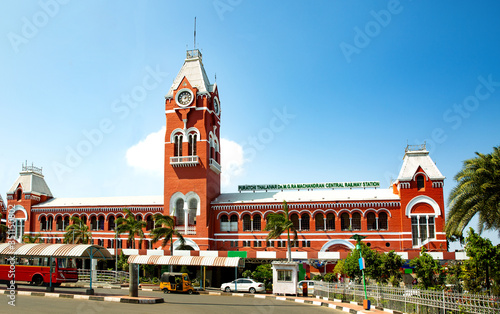 Puratchi Thalaivar Dr. MGR Central railway station,CHENNAI CENTRAL RAILWAY STATION, INDIA, TAMILNADU beautiful view day light blue say