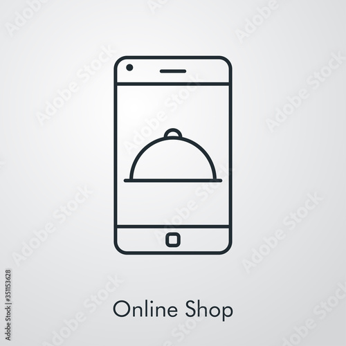 Símbolo de aplicación de comida a domicilio. Icono plano lineal con texto Online Shop con bandeja de comida en teléfono inteligente en fondo gris