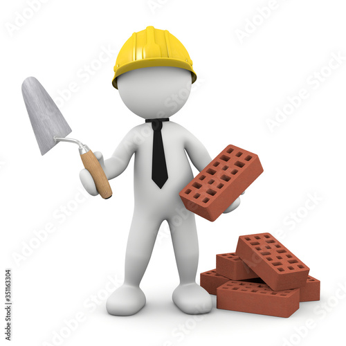 3d man bricklayer with brick and trowel