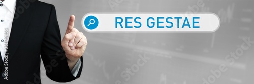 Res Gestae. Businessman (Man) in a suit pointing with his finger to a search box. The word is in focus. Blue Background. Business, Finance, Statistics, Analysis, Economy