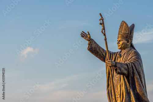 Statue of Pope John Paul II at the St. Thomas Mount National Shrine in Chennai shot during the golden hour. 