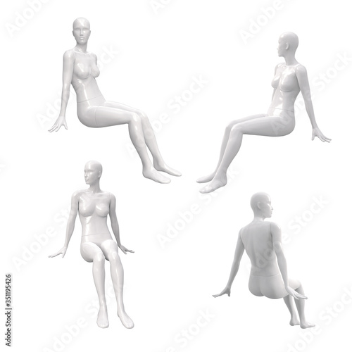 Woman is sitting on the surface. Female white plastic mannequin for clothes. Front, back, side view. Set of 3d illustrations isolated on white background. Shop window decoration.