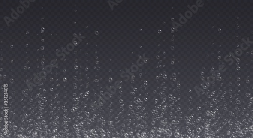 Underwater fizzing bubbles, soda or champagne carbonated drink, sparkling water isolated on a dark background. Effervescent drink. Aquarium, sea, ocean bubbles vector illustration.