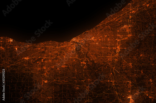 Cleveland aerial view. Night city with street lights, view from space. Urbanization concept, render