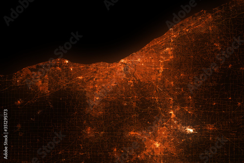 Cleveland top view. Night city with street lights, view from space. Urbanization concept, render