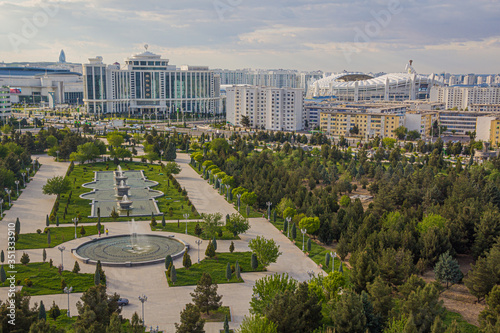 Independence park and new marble-clad buildings in Ashgabat, Turkmenistan