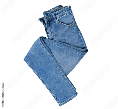 Jeans isolated on white, denim pants isolated, folded blue jeans isolated on white, summer clothes, cloth element mock up