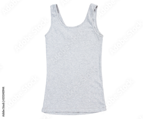 Gray tank top, close up of a blank t shirt on white background, sleeveless T-shirt top view, grey cotton sleeveless shirt isolated on white