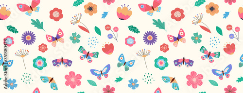 Summer seamless pattern, banner with butterflies and flowers 