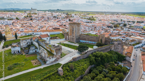 Aerial view of Moura castle and the city of Moura, in Portugal