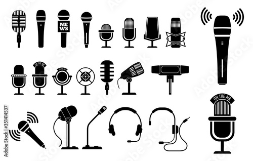 set of microphone icon or mic standing at podium or classic mic concept. eps 10 vector, easy to modify