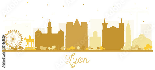 Lyon France City Skyline Silhouette with Golden Buildings Isolated on White.