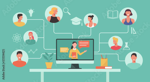 people learn online course, education or e-learning, home school, woman teacher teaching man and woman student on computer laptop screen, distance learning concept, new normal, vector illustration