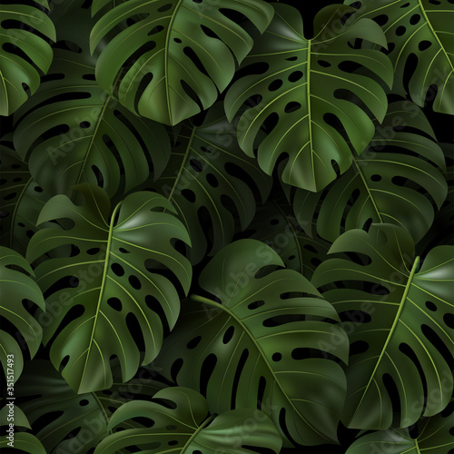 Botanical illustration with tropical green 3D leaves Monstera on dark background. Realistic seamless pattern for textile, hawaiian style, wallpaper, sites, card, fabric, web design. Vector template.