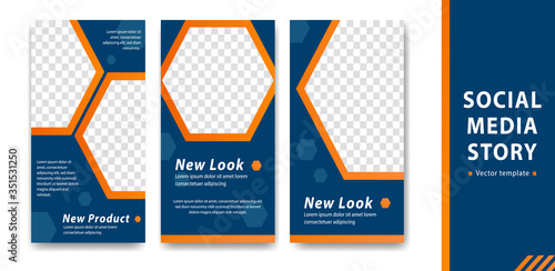 editable instagram social media story template blue orange with hexagon decoration corporate style company branding simple cover banner
