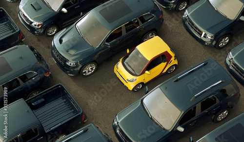 3D rendering of a conceptual image of a small eco friendly city cars contrasting with big oil consuming vehicles.
