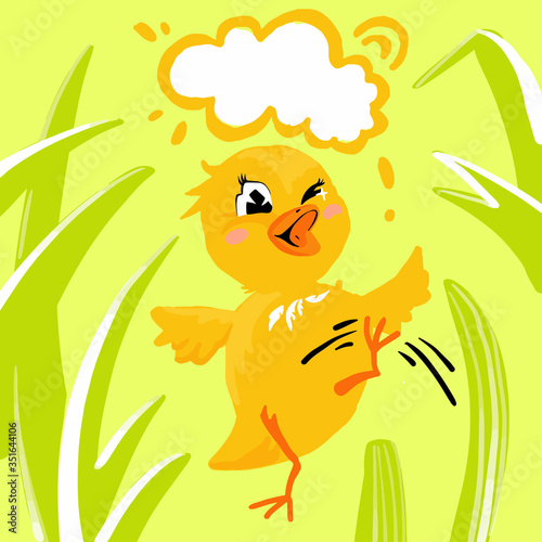 Vector chicken yellow merry children illustration with green grass