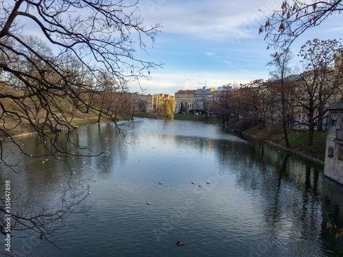 A view from the Piotr Skarga Bridge at city moat of Wroclaw, Poland