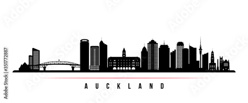 Auckland skyline horizontal banner. Black and white silhouette of Auckland, New Zealand. Vector template for your design.