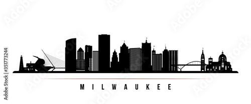 Milwaukee skyline horizontal banner. Black and white silhouette of Milwaukee, Wisconsin. Vector template for your design.