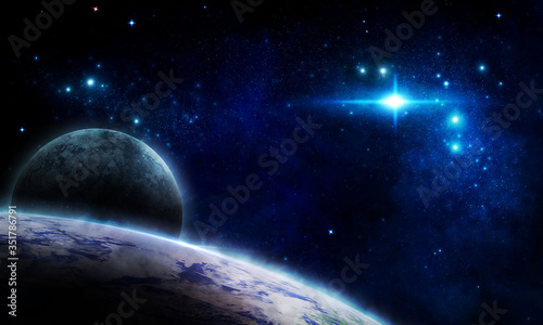 abstract space illustration, 3d image, stone planet in space among the constellations in blue radiance and nebula