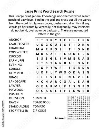 Large print general knowledge word search puzzle (words ANCHOR - ZIP CODE). Answer included.