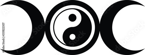 Triple Moon Symbol with ying and yang at the centre in black and white