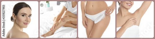 Collage with photos of woman showing smooth skin after epilation. Banner design