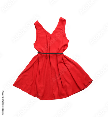 Short red dress with belt isolated on white, top view