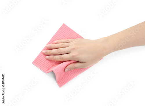 Woman with rag on white background, closeup of hand