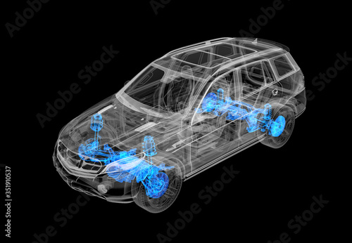 Technical 3d illustration of SUV car with x-ray effect. brakes and suspension systems.