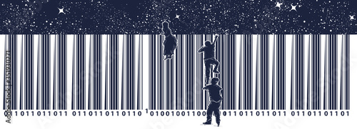 Bar code. Children climb over fence. Symbol of freedom and slavery, consumer society, globalization, future of mankind, digital world, big brother. Black and white surreal graphic