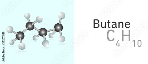 Butane (C4H10) gas molecule. Stick model. Structural Chemical Formula and Molecule Model. Chemistry Education