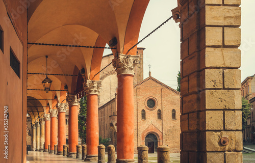 The Portici of Bologna (arcades of Bologna) in the old town. Streets of Bologna, Italy.