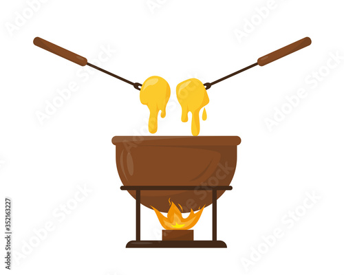 Cheese fondue in ceramic bowl with fire.