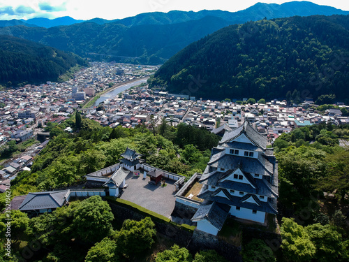 ドローンで空撮した岐阜県の郡上城の風景